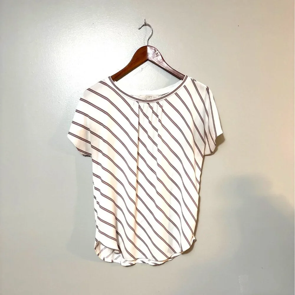 Loft Womens Striped Short-Sleeve Blouse White & Rust Rayon/Polyester S - Picture 1 of 6